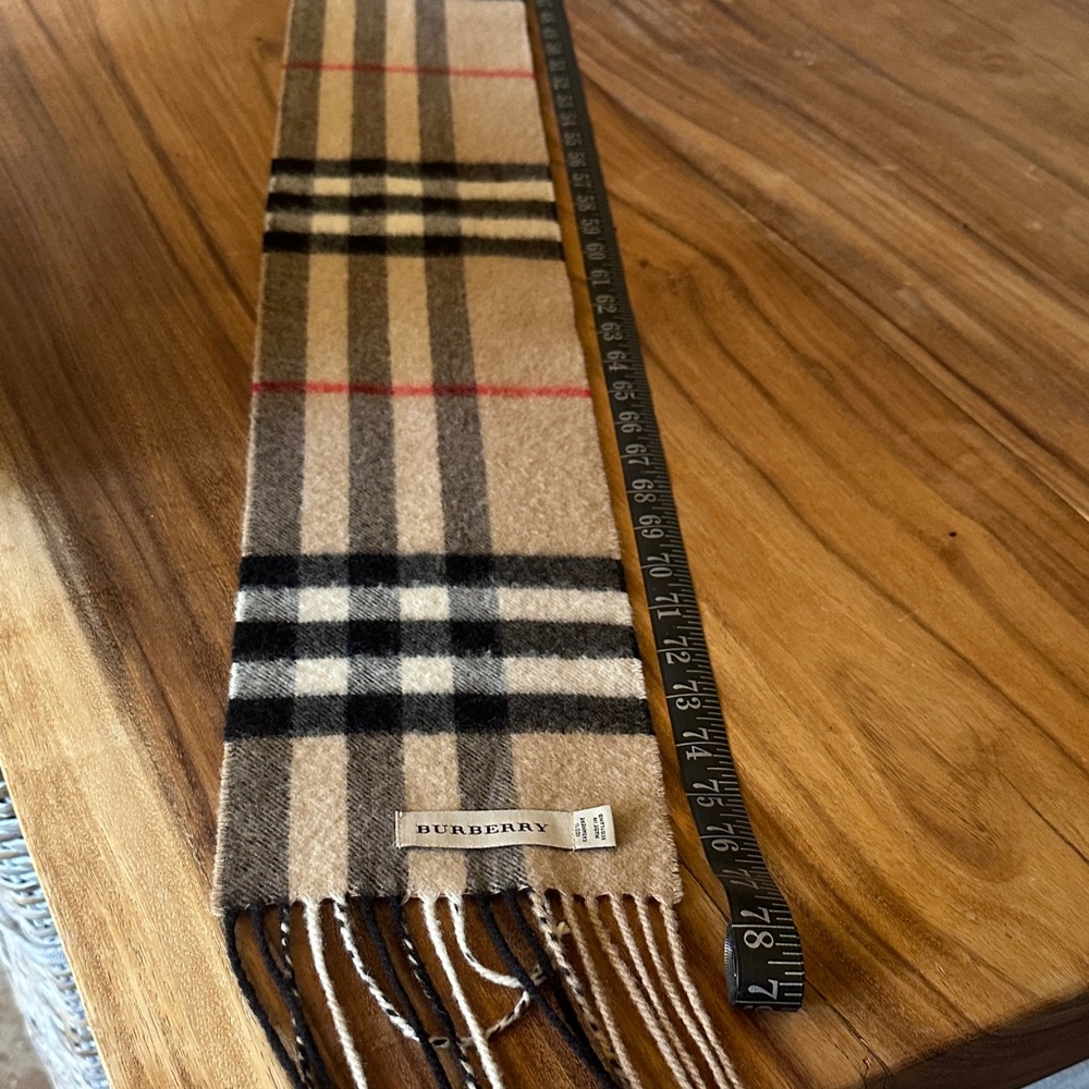 Burberry Beige Plaid Wool Scarf with Black and Red Accents